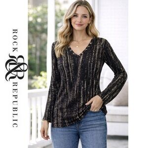 NWOT black/silver metallic v-neck semi-sheer knit top